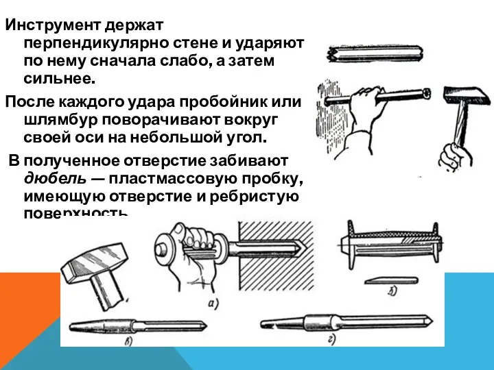 Инструмент держат перпендикулярно стене и ударяют по нему сначала слабо,