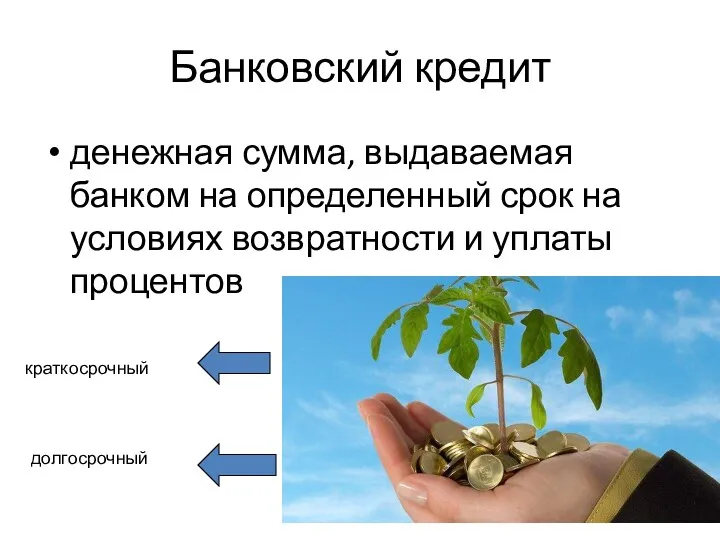 Банковский кредит денежная сумма, выдаваемая банком на определенный срок на