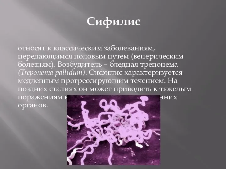 Сифилис относят к классическим заболеваниям, передающимся половым путем (венерическим болезням).