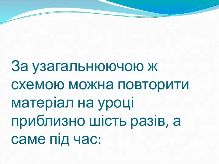 За узагальнюючою ж схемою можна повторити матеріал на уроці приблизно шість разів, а саме під час: