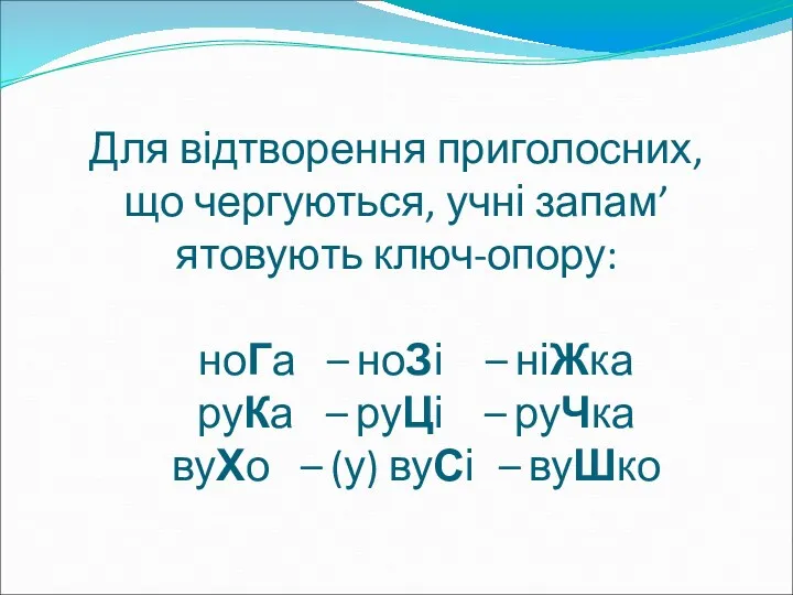 Для відтворення приголосних, що чергуються, учні запам’ятовують ключ-опору: ноГа –