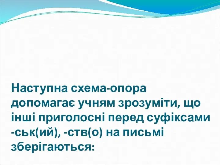 Наступна схема-опора допомагає учням зрозуміти, що інші приголосні перед суфіксами -ськ(ий), -ств(о) на письмі зберігаються: