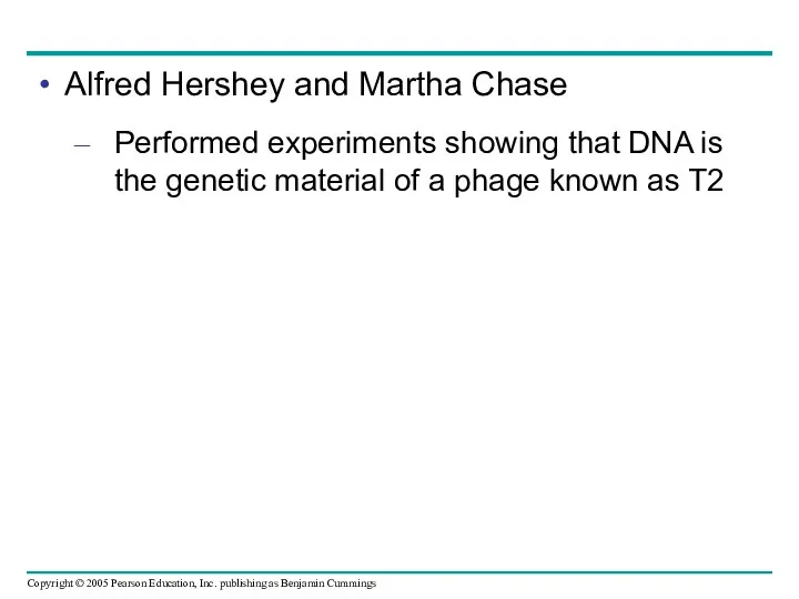 Alfred Hershey and Martha Chase Performed experiments showing that DNA