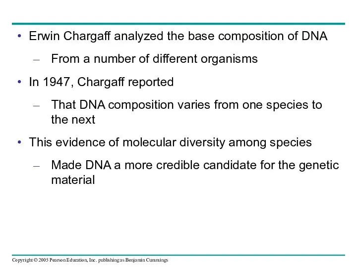 Erwin Chargaff analyzed the base composition of DNA From a