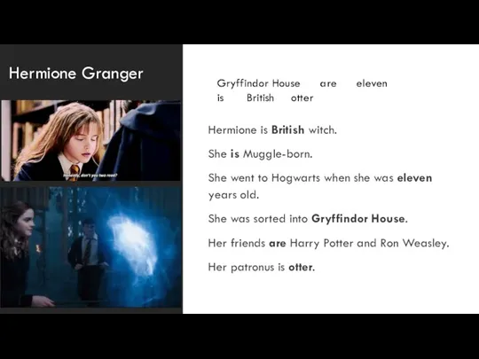 Hermione Granger Hermione is British witch. She is Muggle-born. She