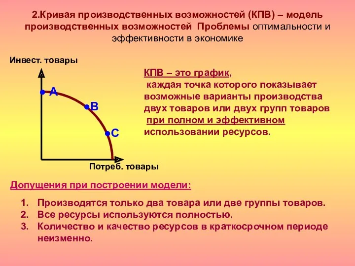 2.Кривая производственных возможностей (КПВ) – модель производственных возможностей Проблемы оптимальности