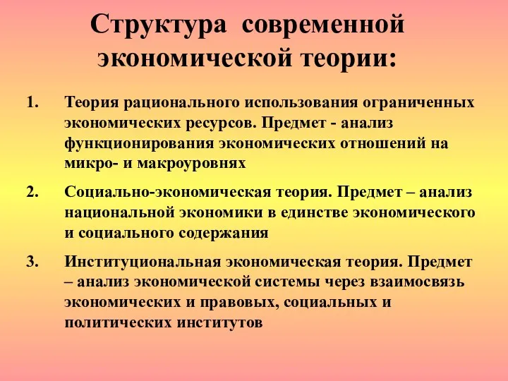 Структура современной экономической теории: Теория рационального использования ограниченных экономических ресурсов.