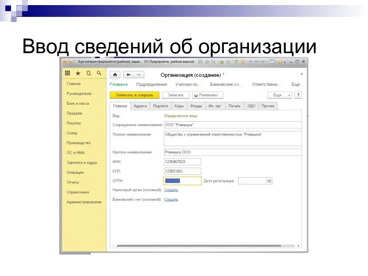 Ввод сведений об организации