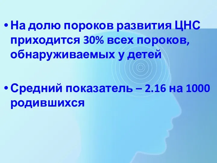 На долю пороков развития ЦНС приходится 30% всех пороков, обнаруживаемых