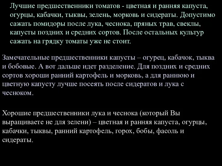 Лучшие предшественники томатов - цветная и ранняя капуста, огурцы, кабачки,