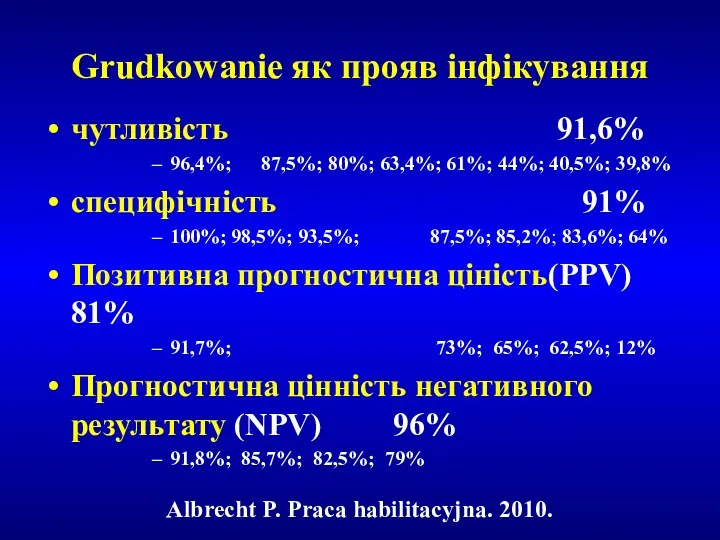 Grudkowanie як прояв інфікування чутливість 91,6% 96,4%; 87,5%; 80%; 63,4%;