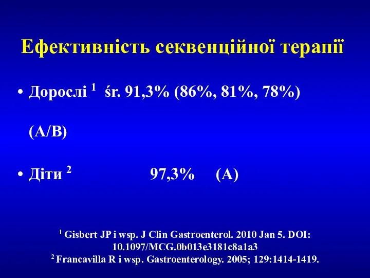 Ефективність секвенційної терапії Дорослі 1 śr. 91,3% (86%, 81%, 78%) (A/B) Діти 2