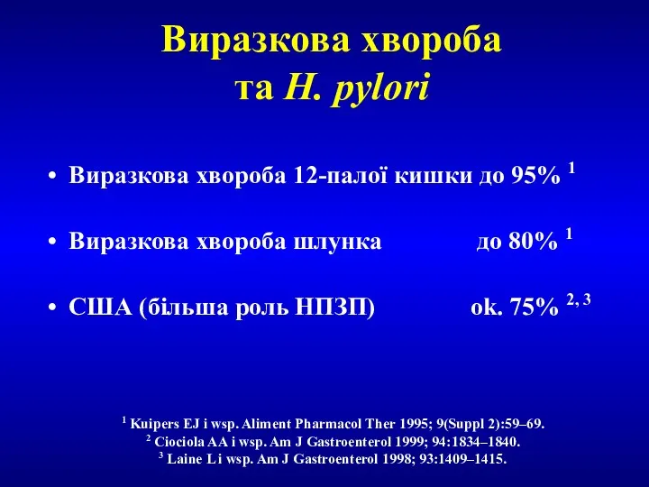 Виразкова хвороба та H. pylori Виразкова хвороба 12-палої кишки до 95% 1 Виразкова