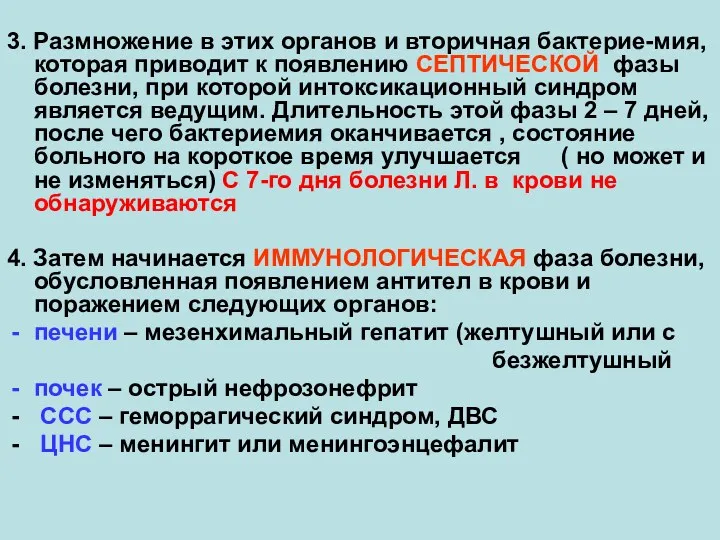 3. Размножение в этих органов и вторичная бактерие-мия, которая приводит к появлению СЕПТИЧЕСКОЙ