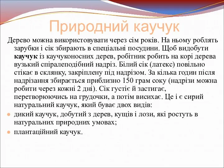 Природний каучук Дерево можна використовувати через сім років. На ньому