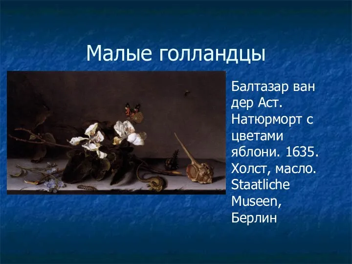 Малые голландцы Балтазар ван дер Аст. Натюрморт с цветами яблони. 1635. Холст, масло. Staatliche Museen, Берлин