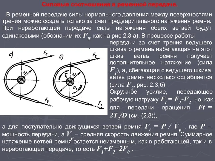 Силовые соотношения в ременной передаче. В ременной передаче силы нормального