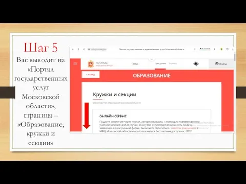 Шаг 5 Вас выводит на «Портал государственных услуг Московской области», страница – «Образование, кружки и секции»