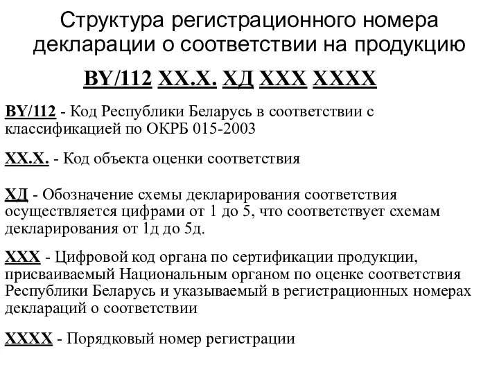 Структура регистрационного номера декларации о соответствии на продукцию BY/112 XX.Х.