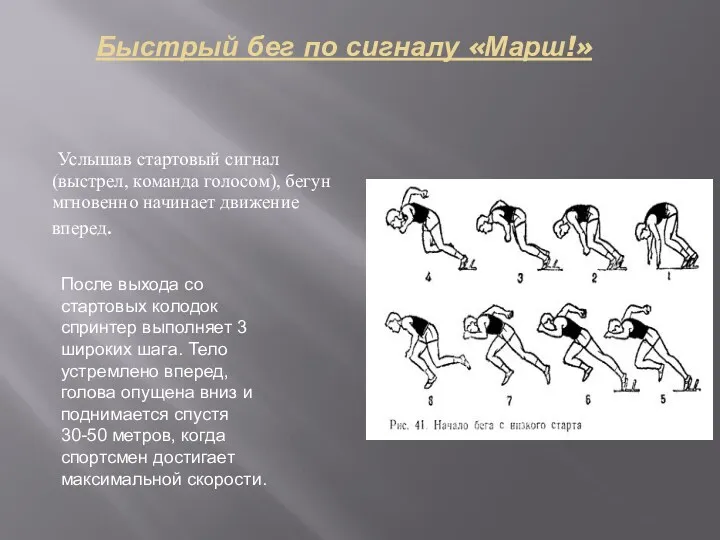 Быстрый бег по сигналу «Марш!» Услышав стартовый сигнал (выстрел, команда