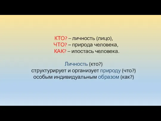 КТО? – личность (лицо), ЧТО? – природа человека, КАК? –