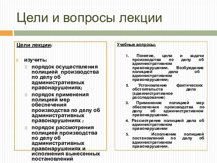 Цели и вопросы лекции Цели лекции: изучить: порядок осуществления полицией