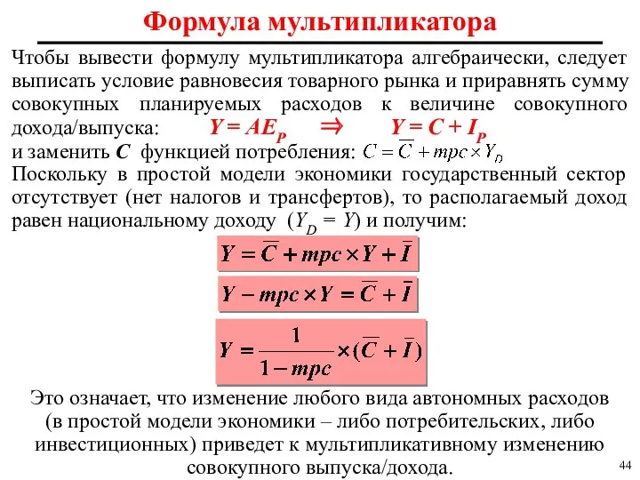 Формула мультипликатора Чтобы вывести формулу мультипликатора алгебраически, следует выписать условие