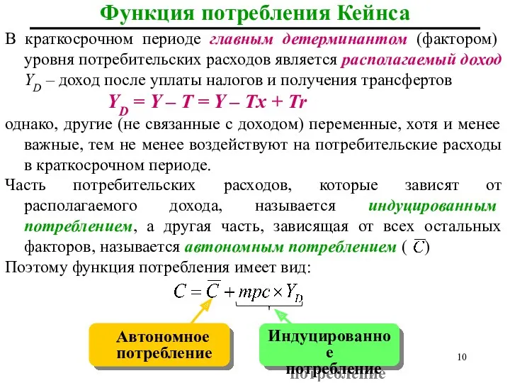 Функция потребления Кейнса В краткосрочном периоде главным детерминантом (фактором) уровня