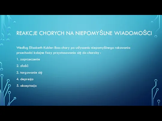 REAKCJE CHORYCH NA NIEPOMYŚLNE WIADOMOŚCI Według Elisabeth Kubler-Ross chory po