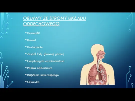 OBJAWY ZE STRONY UKŁADU ODDECHOWEGO Duszność Kaszel Krwioplucie Zespół żyły