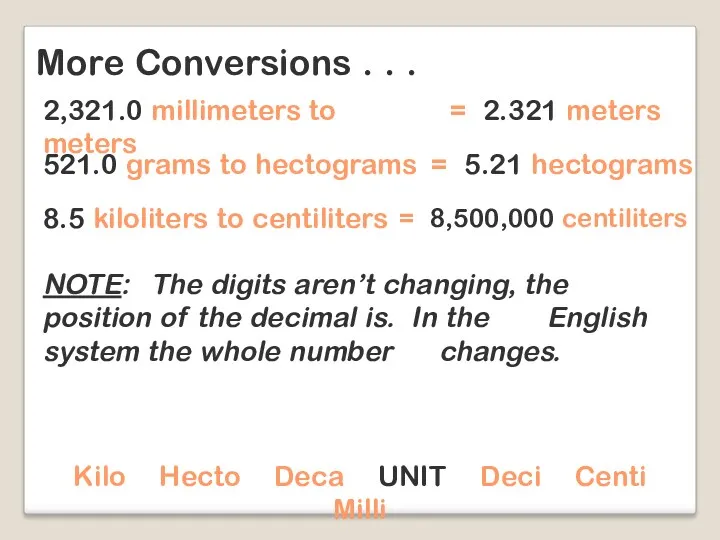 More Conversions . . . Kilo Hecto Deca UNIT Deci