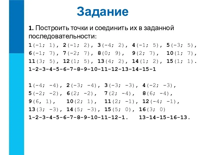 Задание 1. Построить точки и соединить их в заданной последовательности: