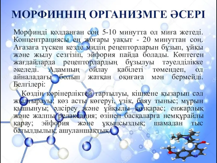 МОРФИННІҢ ОРГАНИЗМГЕ ӘСЕРІ Морфинді қолданған соң 5-10 минутта ол миға