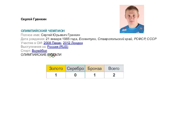 Сергей Гранкин ОЛИМПИЙСКИЙ ЧЕМПИОН Полное имя: Сергей Юрьевич Гранкин Дата
