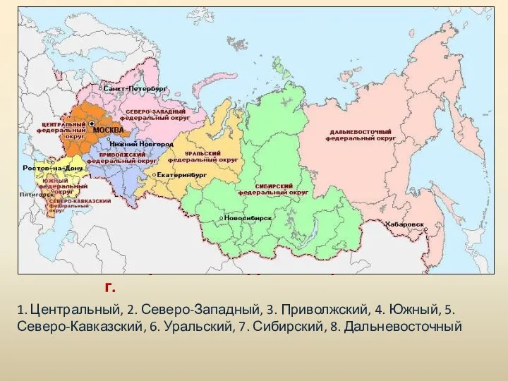 Федеральные округа, январь 2010 г. 1. Центральный, 2. Северо-Западный, 3.