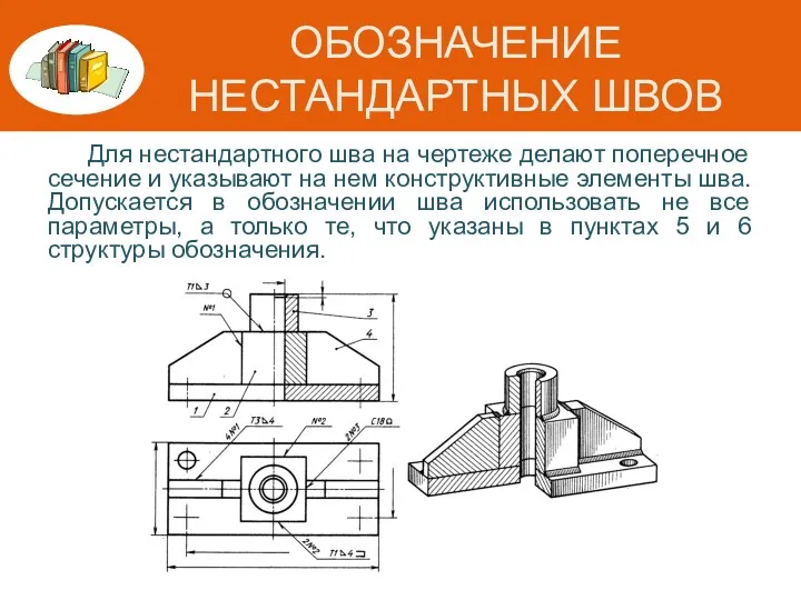 ОБОЗНАЧЕНИЕ НЕСТАНДАРТНЫХ ШВОВ Для нестандартного шва на чертеже делают поперечное