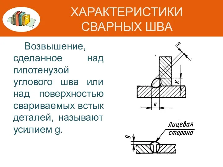 ХАРАКТЕРИСТИКИ СВАРНЫХ ШВА Возвышение, сделанное над гипотенузой углового шва или