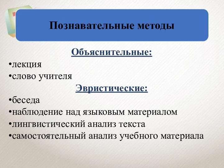 Объяснительные: лекция слово учителя Эвристические: беседа наблюдение над языковым материалом