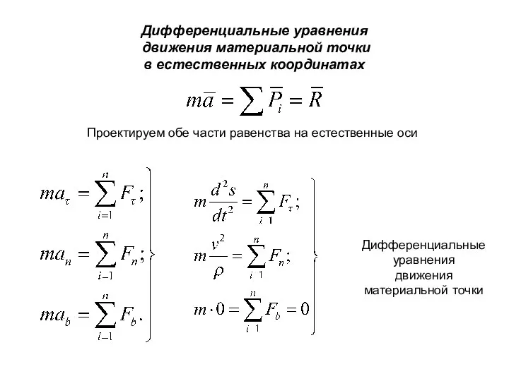 Дифференциальные уравнения движения материальной точки в естественных координатах Проектируем обе