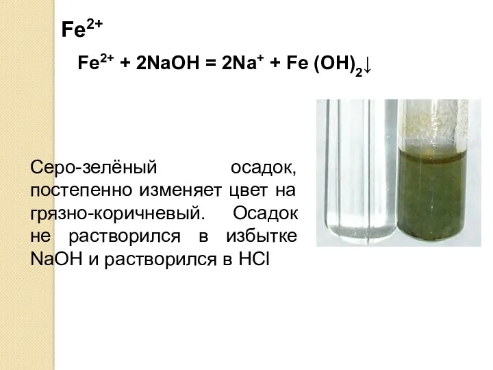 Fe2+ Fe2+ + 2NaOH = 2Na+ + Fe (OH)2↓ Серо-зелёный
