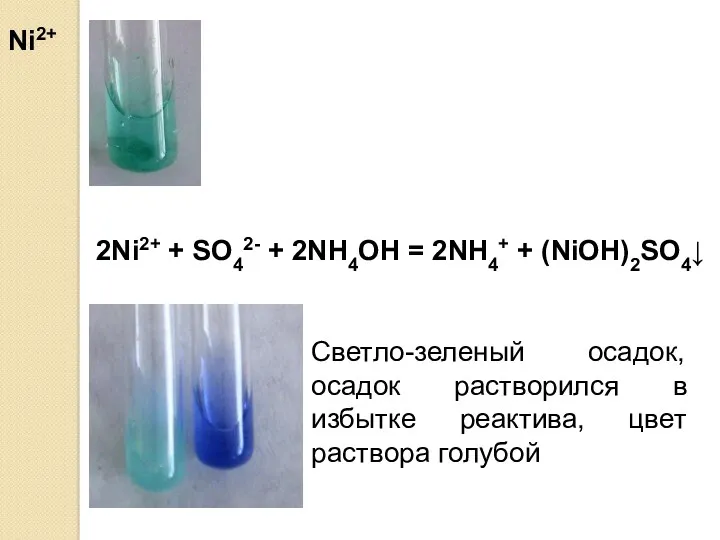 Ni2+ 2Ni2+ + SO42- + 2NH4OH = 2NH4+ + (NiОН)2SO4↓