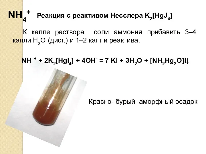 Реакция с реактивом Несслера K2[HgJ4] К капле раствора соли аммония