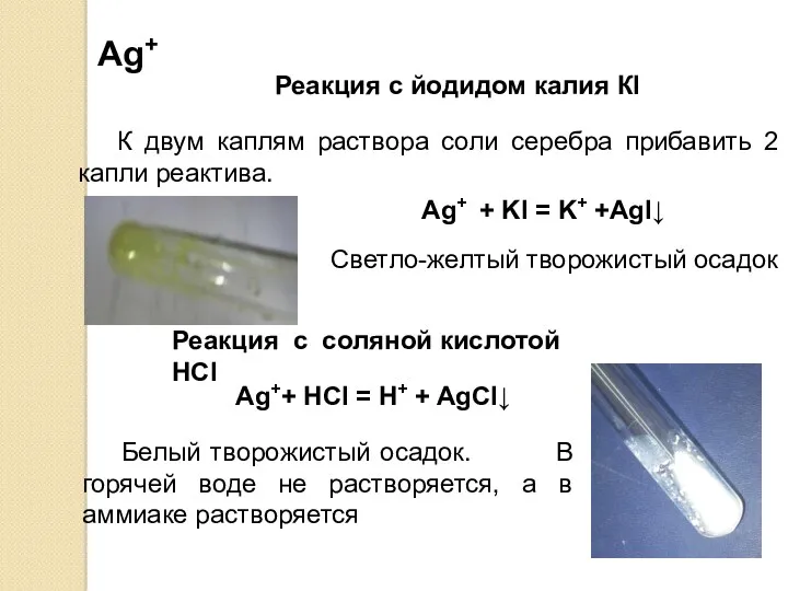 Ag+ + KI = K+ +AgI↓ Реакция с йодидом калия