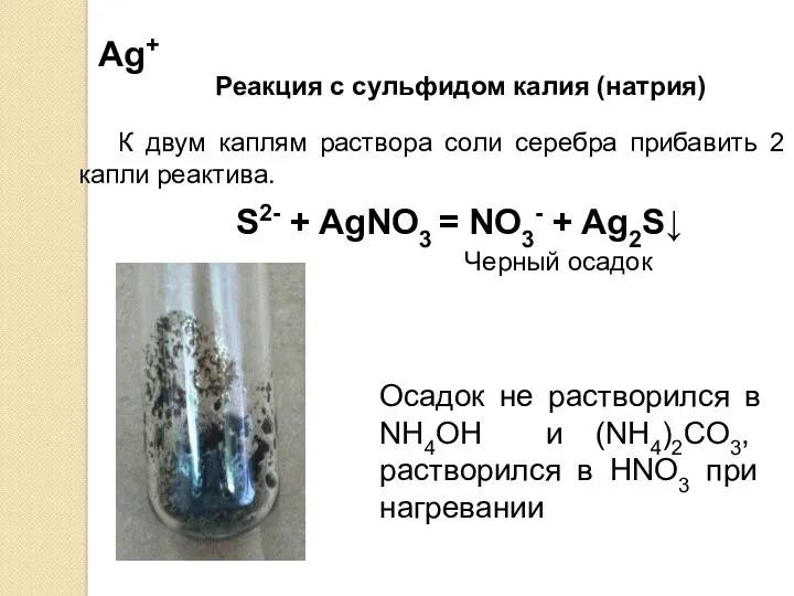 Реакция с сульфидом калия (натрия) К двум каплям раствора соли