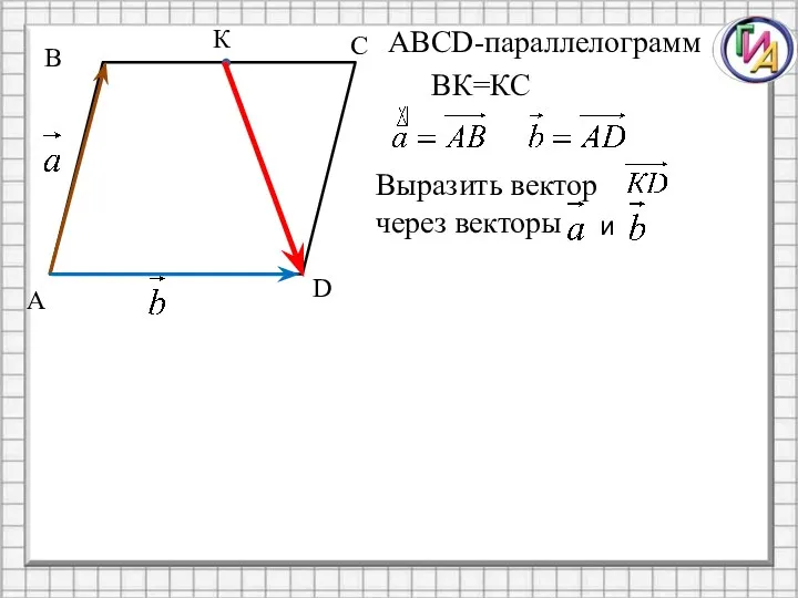 АВСD-параллелограмм А В С D К ВК=КС Выразить вектор через векторы и