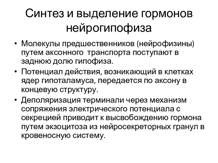 Синтез и выделение гормонов нейрогипофиза Молекулы предшественников (нейрофизины) путем аксонного