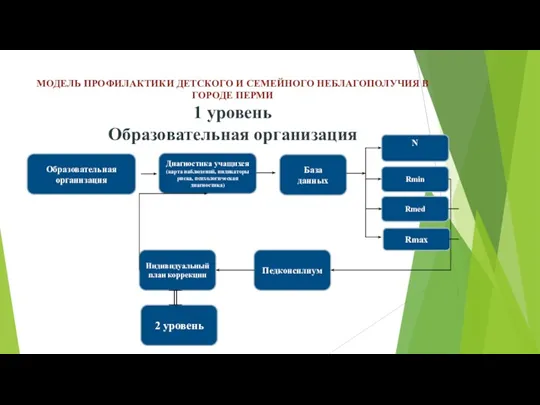 МОДЕЛЬ ПРОФИЛАКТИКИ ДЕТСКОГО И СЕМЕЙНОГО НЕБЛАГОПОЛУЧИЯ В ГОРОДЕ ПЕРМИ 1 уровень Образовательная организация