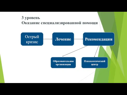 3 уровень Оказание специализированной помощи Острый кризис Лечение Рекомендации Образовательная организация Психологический центр