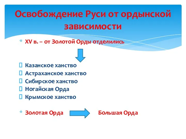 ХV в. – от Золотой Орды отделились Казанское ханство Астраханское