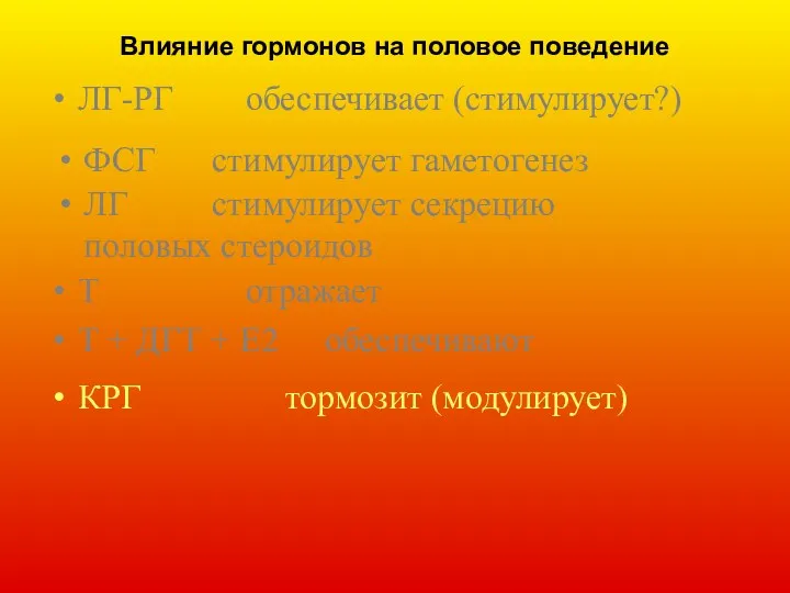 Влияние гормонов на половое поведение ЛГ-РГ обеспечивает (стимулирует?) ФСГ стимулирует